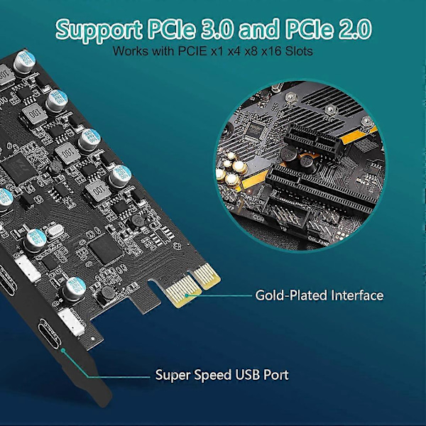 PCIe-laajennuskortti 5 porttiin (3x USB C, 2x USB 3.0-A) PCI Express -laajennuskortti Windows 10/8/.pa -käyttöjärjestelmille