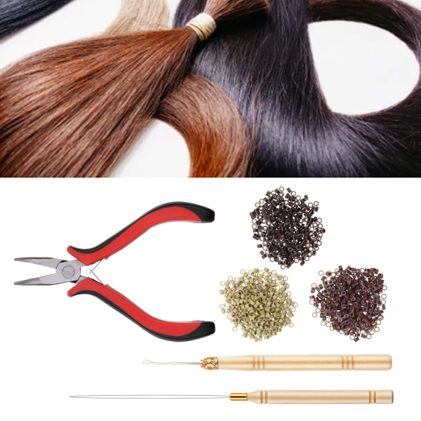 Hair Extension Tools Kit Sæt Silikone Micro Ringe Links med tænger Trækkroge Nåleløkketråder
