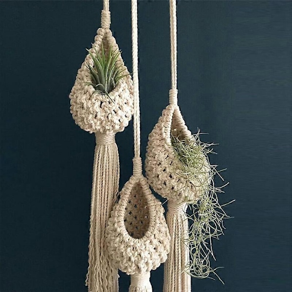 3X Boho Makramé Luftväxt Hängare Tillandsia Hängande Korg Rephållare Blomma Heminredning (13CM).pa