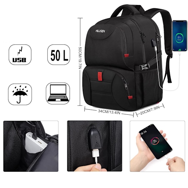 Stor ryggsäck för män, 50 L, arbetsryggsäck, laptopryggsäck, herrryggsäck för 17,3 tums dator, skolryggsäck med USB-laddningsport