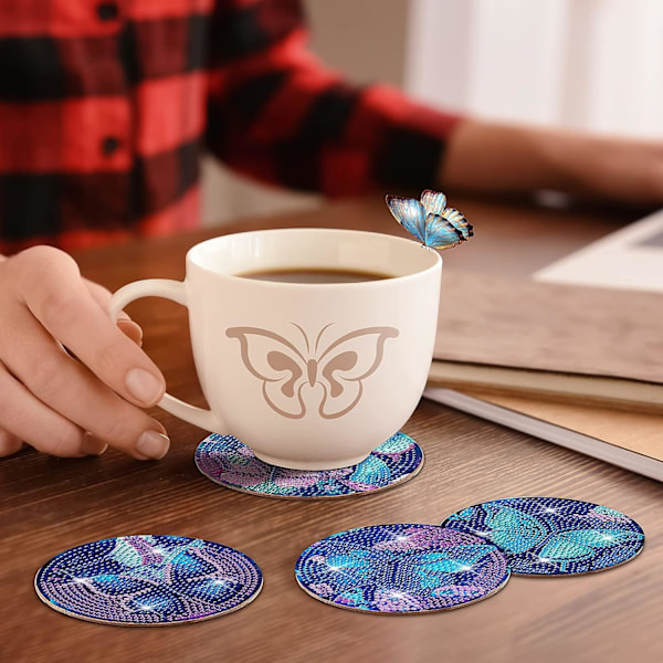 8 stk Butterfly Diamond Art Maling Underlag Kit med Holder DIY Butterfly Diamond Art Coaster Sklisikre Underlag for Voksne