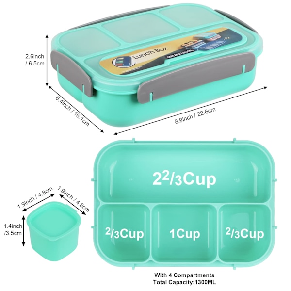 Bento Lunchbox Vuxen Lunchbox, Barnens Lunchbox, Vuxen/Barn/Student Lunchbox, 1300ML-4 Fack Bento Lunchbox (Grön)