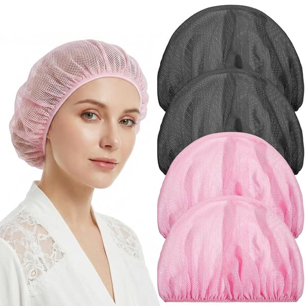 4 stk. Mesh Sovehætter til Kvinder, Elastiske Hårnet til Sove- og Hårtørring, Farverig Pink og Sort Pink/Black