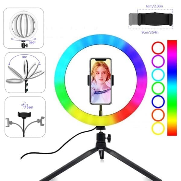 RBG Selfielampe LED Ring Light Stativ og Mobilholder—pa