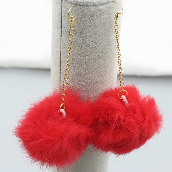Fasjonable kvinner jente med fluffy hår Ball øredobber Ørestift Drop smykker tilbehør (rød)
