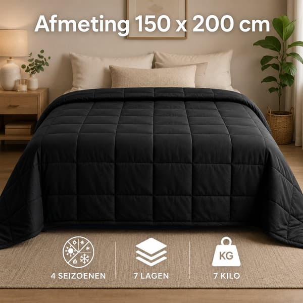 Vægtet tæppe 7 kg til voksne, quiltet design i polyester for bedre søvn og afslapning, 150 x 200 cm, sort