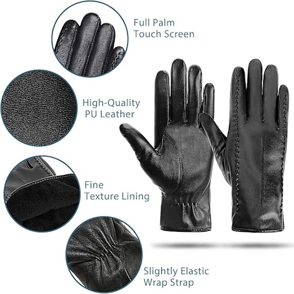 Skinnhansker for damer - Varme touchscreen-vinterhansker dame PU-skinnvotter mykt fleecefôret hel finger vinterhansker for kvinner jenter