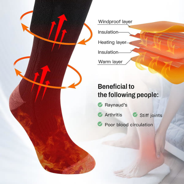 Opvarmede sokker til mænd og kvinder, 2022 opgraderede varmesokker, 70 ℃ høj varme, batteri medfølger ikke