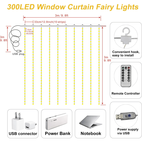Gardinlys, 300 LED USB-drevne lysslynger, 8 lysmoduser（PA）