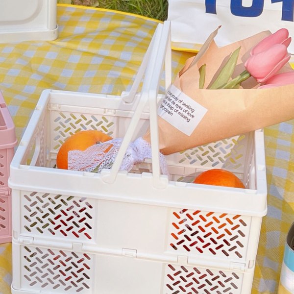Sammenfoldelig picnickurv Stabelbar opbevaringsboks Plastikindkøbskurv med håndtag til udendørs hjemme mælkehvid