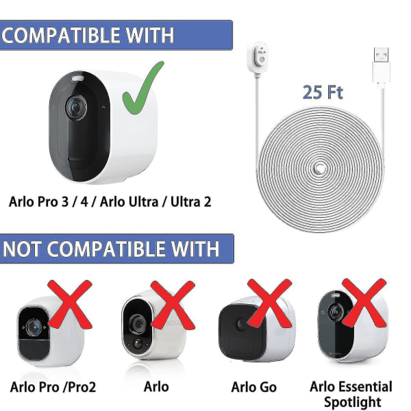 Værbestandig utendørs ladekabel, 25 fot/7,6 m, for Arlo Ultra/ultra 2/pro 3/pro 4/go 2/pro 5s (svart) [kk]