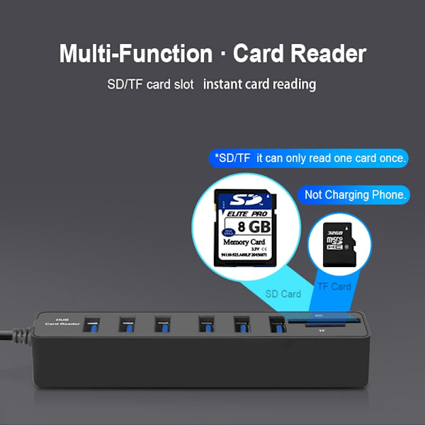 USB 2.0-hub med kortleser - 6 porter svart