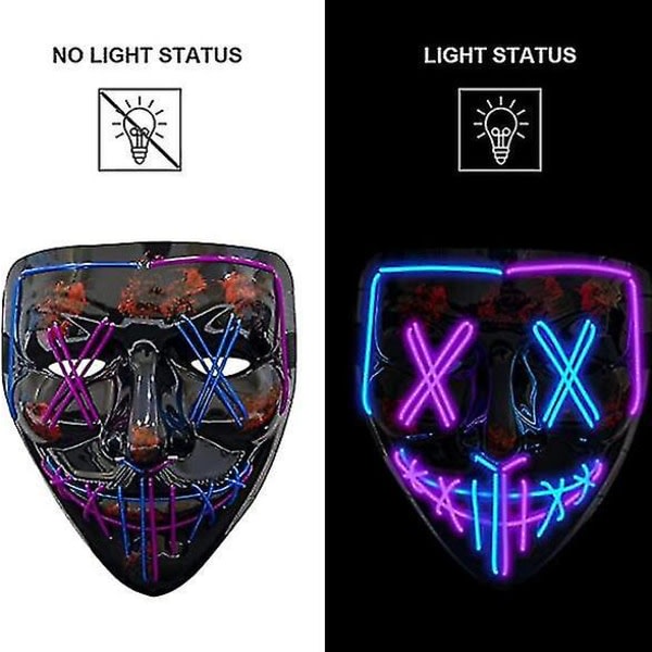 Sömmar Dual Color Led Mask Halloween Cosplay Kostym Mask Light Up Festival Party blå lila