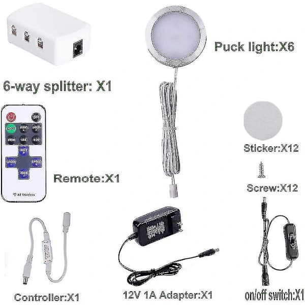 12V Dæmpbar LED Puck Lys Kit, 6 Smalle Aluminium Underskabs Lamper