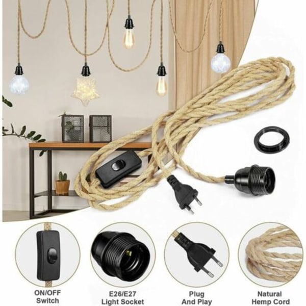 Lustre Corde, Retro E27-sockel med 4,5 meter elkabel och strömbrytare, för sladdupphängd lampa (glödlampa ingår ej), Superma,.pa