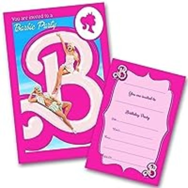 Barbie-inbjudningar (SKRIV PÅ) Inbjudningar til födelsedagsfest (pakke med 20 og kuvert)