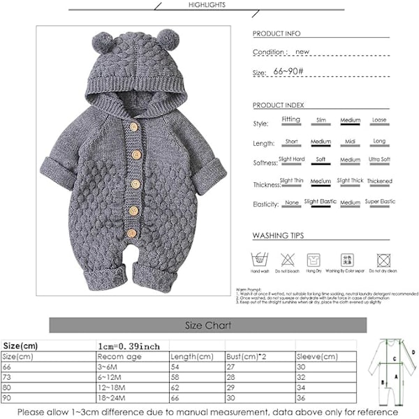 Nyfødt baby øre hætte stickad romper jumpsuit varmare sneklædning til drenge piger grå 73cm 73 cm 73 cm Grey