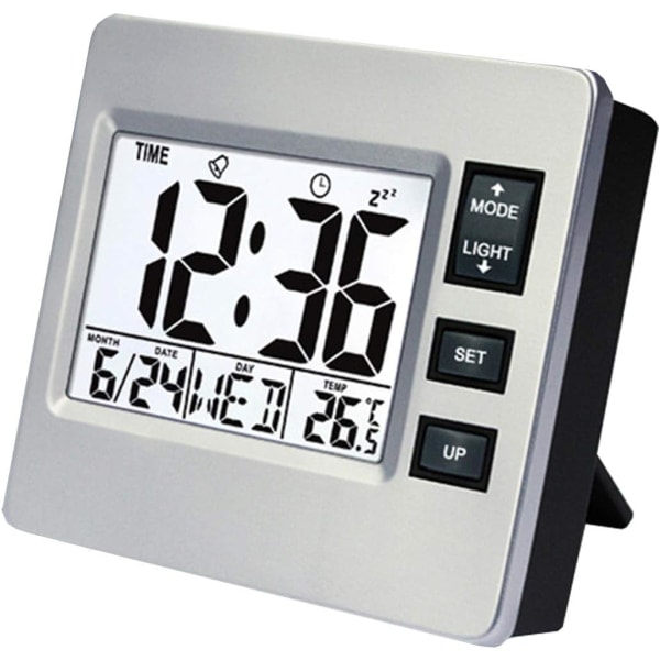 Digitaalinen herätyskello Pieni pöytä-LCD-kello Keittiöajastin lämpötilan, päivämäärän ja kalenterin kanssa toimistoon ja kotiin - 8,6 cm x 7,7 cm
