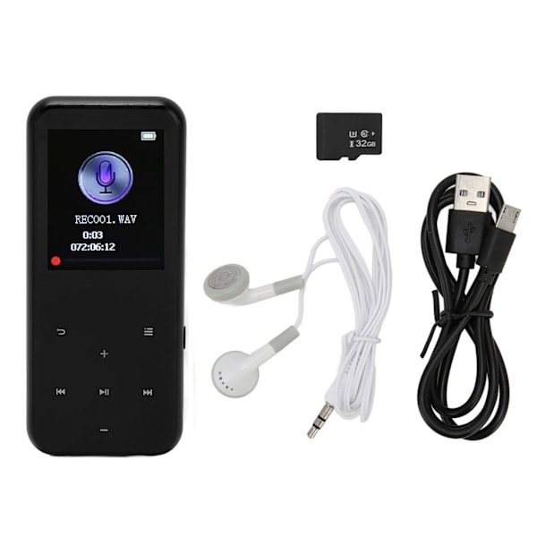 1,8 tommer MP3-afspiller Bluetooth 5.0 Understøtter FM-radio E-bog HD Støjreduktion 16GB Flashhukommelse Musikafspiller til Sport Sort 32GB Hukommelseskort
