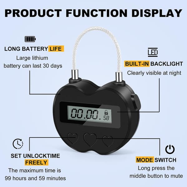 Smart Tidslås LCD-display Tidslås Multifunktionell Reseelektronisk Timer, Vattentät USB-laddningsbar Tillfällig Timerhänglås