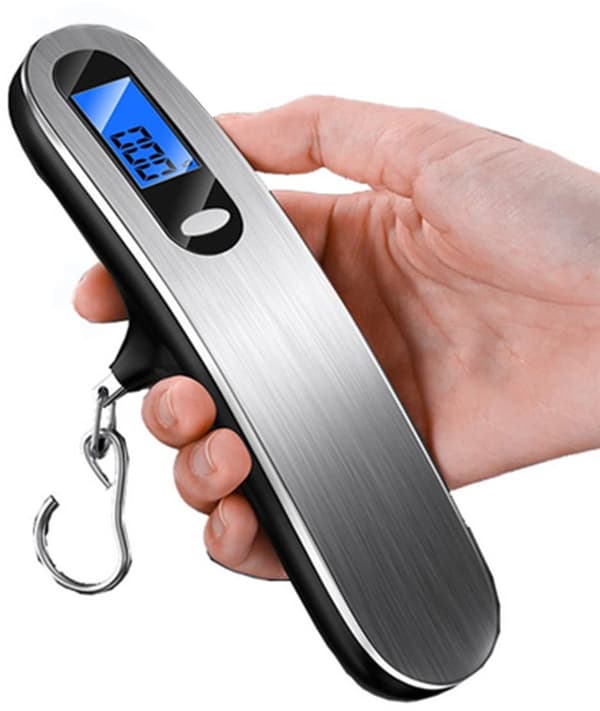 Digital bagagevægt, bærbar ABS og rustfrit stål, 50 kg kapacitet, LCD-display, fire enheder, til rejser, sølv