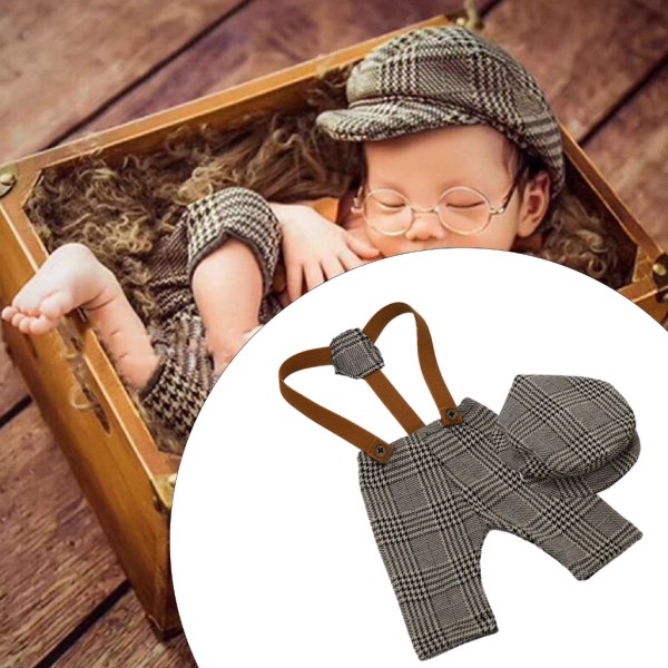 Söt nyfödd baby Fotografering Outfit Set Gentleman Style Overall med hatt set Baby Photo Shooting för pojkar Flickor