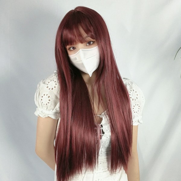 Pitkä suora peruukki tylppä otsatukka hiustenpidennys kemiallinen kuitu värjättävä naisten peruukki viininpunainen väri