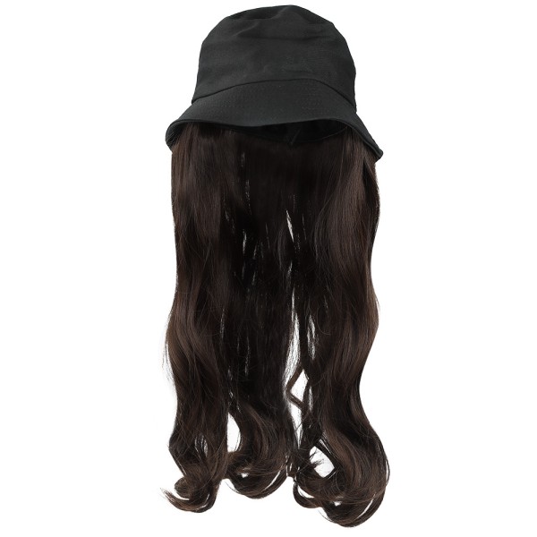 Fashionabla Svart Bucket Cap Hat Peruk Långt lockigt hårförlängning Utomhusfrisyr Svart Brun
