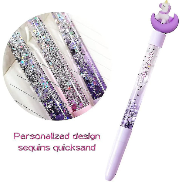 Xiannv 4 st Söta Enhörningspennor Brevpapper Set, Flerfärgad Glitter Flytande Sand Penna För Flickor Pojkar Barn Presenter, Svart Bläck, 0,5 Mm -