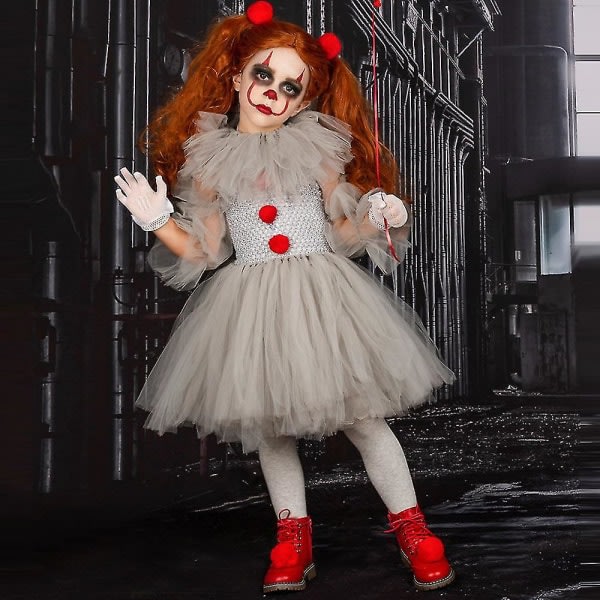 Clowndräkt för flickor för Pennywise Cosplay- set Halloween-karnevalsfest för barn Fancy Dress Up_nn 8-9T