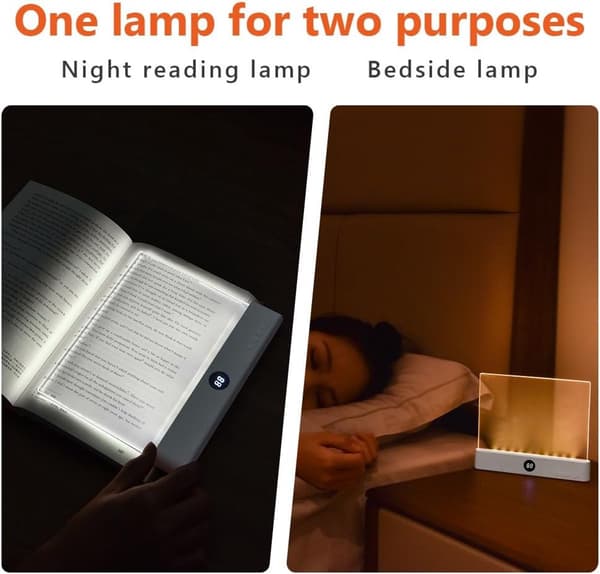 Flat boklampe, LED-leselampe med justerbar lysstyrke, 3 lysfarger og 99-minutters timer for lesing ved sengetid, hvit