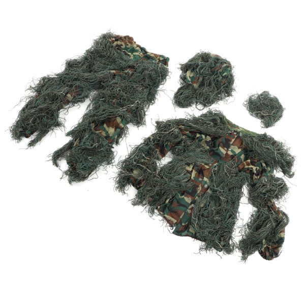 Ghillie Suit 5 i 1 Grønn Camo Drakter Inkluderer jakkebukser Hette Bæreveske Camo Tapes for barn Tenåringer Høyde 4,3 til 4,9 fot