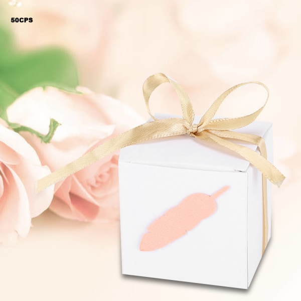 50st White Favor Boxes Bonbonpaket Kraftpapperspresentpåsar med band för bröllopsfestRosa blad &amp; Gyllene bandet