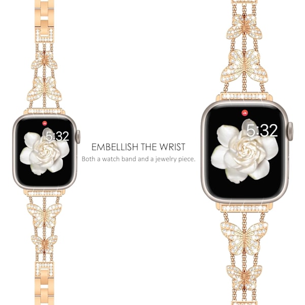 Armband kompatibelt med Apple Watch för kvinnor, glittrande fjärilsdesign, moderiktigt metallblingarmband i rostfritt stål, ersättningsarmband roséguld Rosegold 42/44/45mm