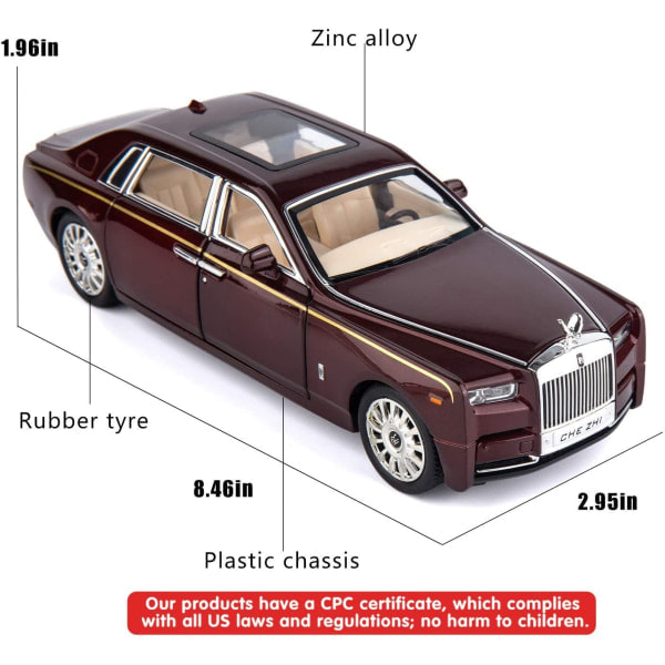 SAYTAY 1/24 Rolls-Royce Phantom -automalli, sinkkiseosvetoauto äänillä ja valoilla lapsille, pojille ja tytöille, lahja (punainen) ST-001