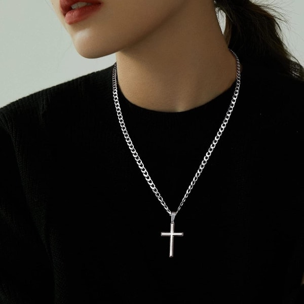 925 Sterling Silver Korshänge Halsband 5mm Rostfritt Stål Diamantslipad Kubansk Kedja Kors Halsband 41/46/51/56/61/71/76cm