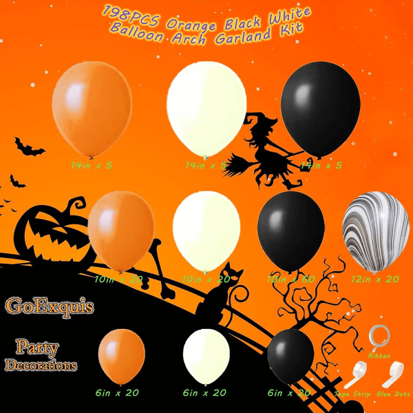 198 st Orange Svart Vit Halloween 14" Balloon Arch Garland Kit Halloween födelsedagsfestdekorationer