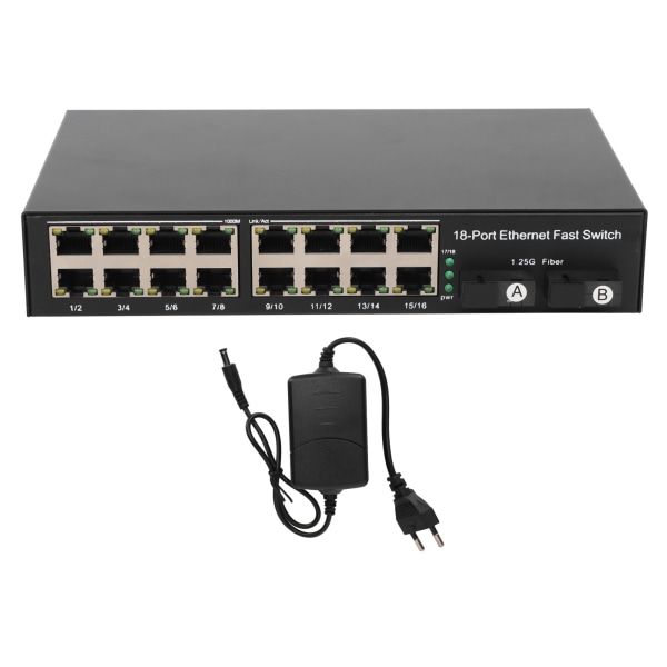 Ethernet Fiber Media Switch Tx1310nm Rx1550nm 2 optiske porter 16 elektriske porter Opp til 25 km RJ45 port fiber transceiver 100?240V EU-plugg