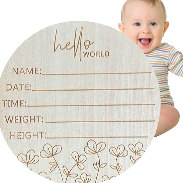 5,9 tommer rundt babykunngjøring fotorekvisitt Basswood-skilt Hello World Babyskilt for Nursery L4