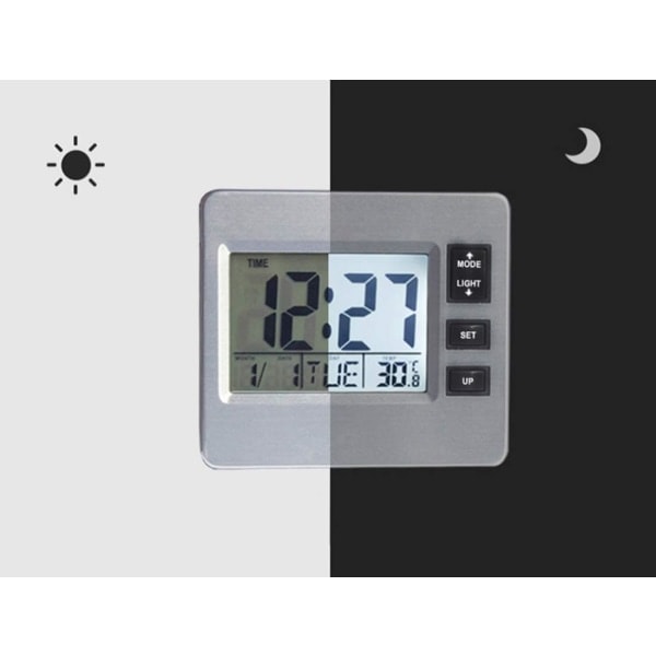 Digitaalinen herätyskello Pieni pöytä-LCD-kello Keittiöajastin lämpötilan, päivämäärän ja kalenterin kanssa toimistoon ja kotiin - 8,6 cm x 7,7 cm