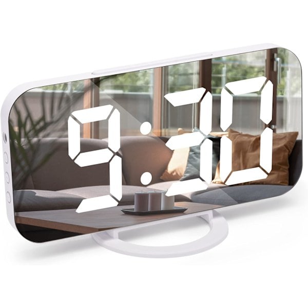 Digital väckarklocka, sängbordsväckarklocka, tyst väckarklocka, väckarklocka med dimbar LED-display, USB-väckarklocka för sovrum, vit