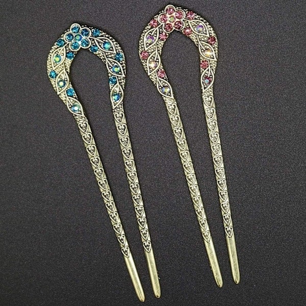 2 stk Vintage Hårnål, Krystall Rhinestone Dobbel Gaffel Hårnål Strikke Hårfrisyre Chignon Hårnål