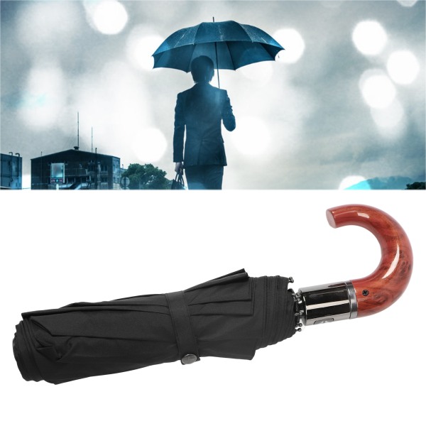 Kokoontaittuva sateenvarjo 10 Luu UV-suoja Auto Open Auto Close Tuulenpitävä sateenvarjo kaareva puinen kahva miehille Naisille Ei-liimatyyppi