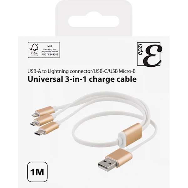 EPZI Multiladdare, USB-C, Lightning, Micro USB, USB-A, 1m, vit