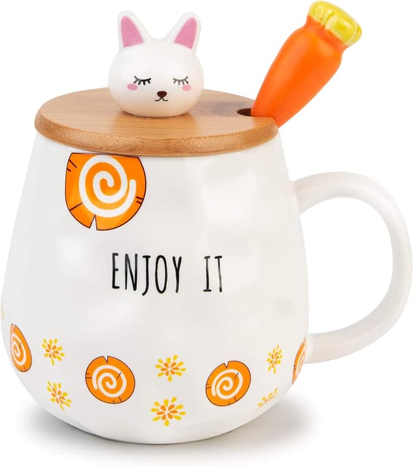 Frukostmugg Present till Vänner Katt Kaffe Mugg 400ml Kanin Te Koppen med Lock Sked (Orange Vit)
