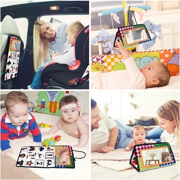 Babyspejl til mavetid, måtte med høj kontrast, sensorisk aktivitetslegetøj, foldbar polyester til spædbørn, sort/hvid