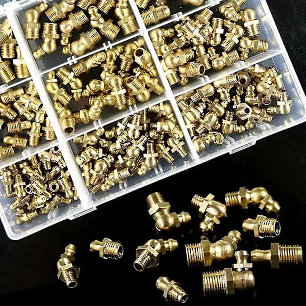 145-delt hydraulisk smørenippel i messing, metrisk standard - lige, 90 grader, 45 grader (DPD) gul