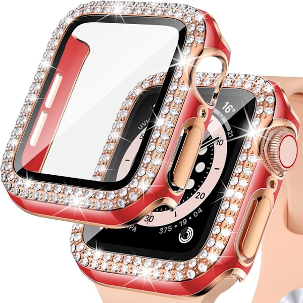 Bling Glass+ cover för Apple Watch Case 45mm 41mm 40mm 44mm 42mm 38mm Diamant stötfångare+skärmskydd iwatch series 7 9 8 5 6 SE B red ro B red ro