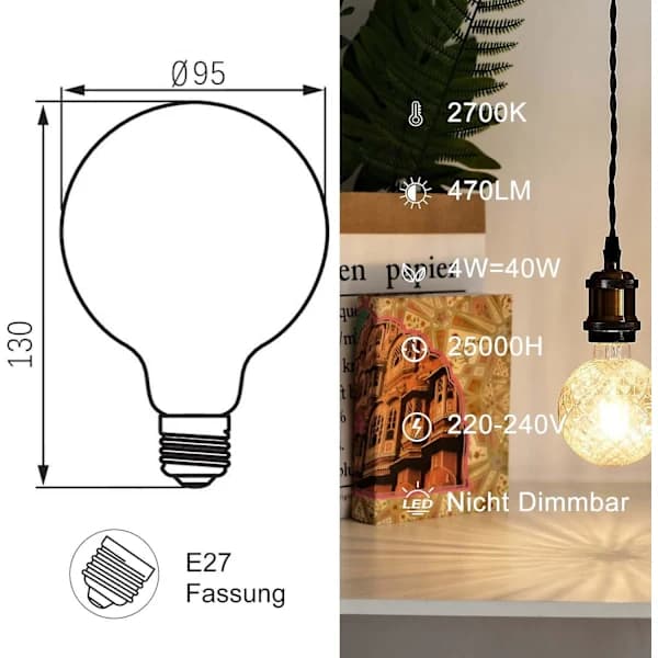 e27, E27 4w LED-lampe, Retro Filamentlampe, Ideell For Nostalgisk Og Retro Belysning, Varmhvit, G95