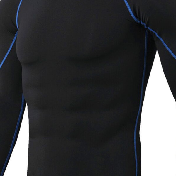 Herrskjortor med hög elastisk kompression, långärmad sporttröja för atletisk träningströja, svart och blå linjer XL